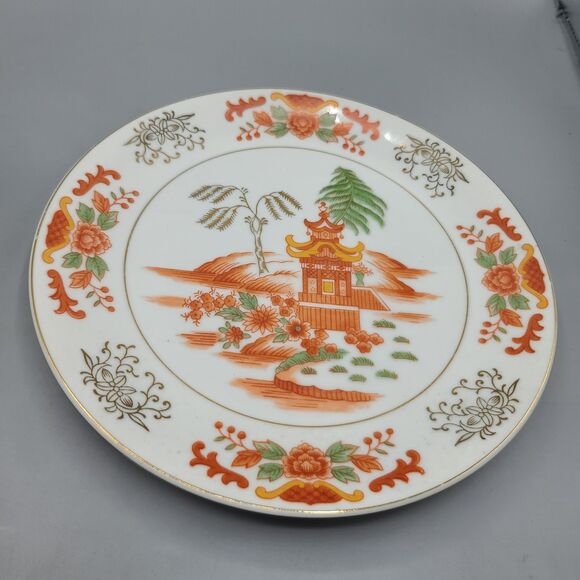 Enesco Plate 8.5" Japan Orange Green Gold House or Temple - Picture 1 of 4